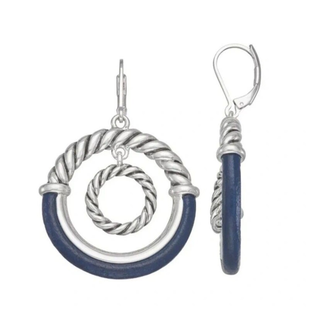 Napier Silver Tone Navy Leather Orbital Drop Earrings